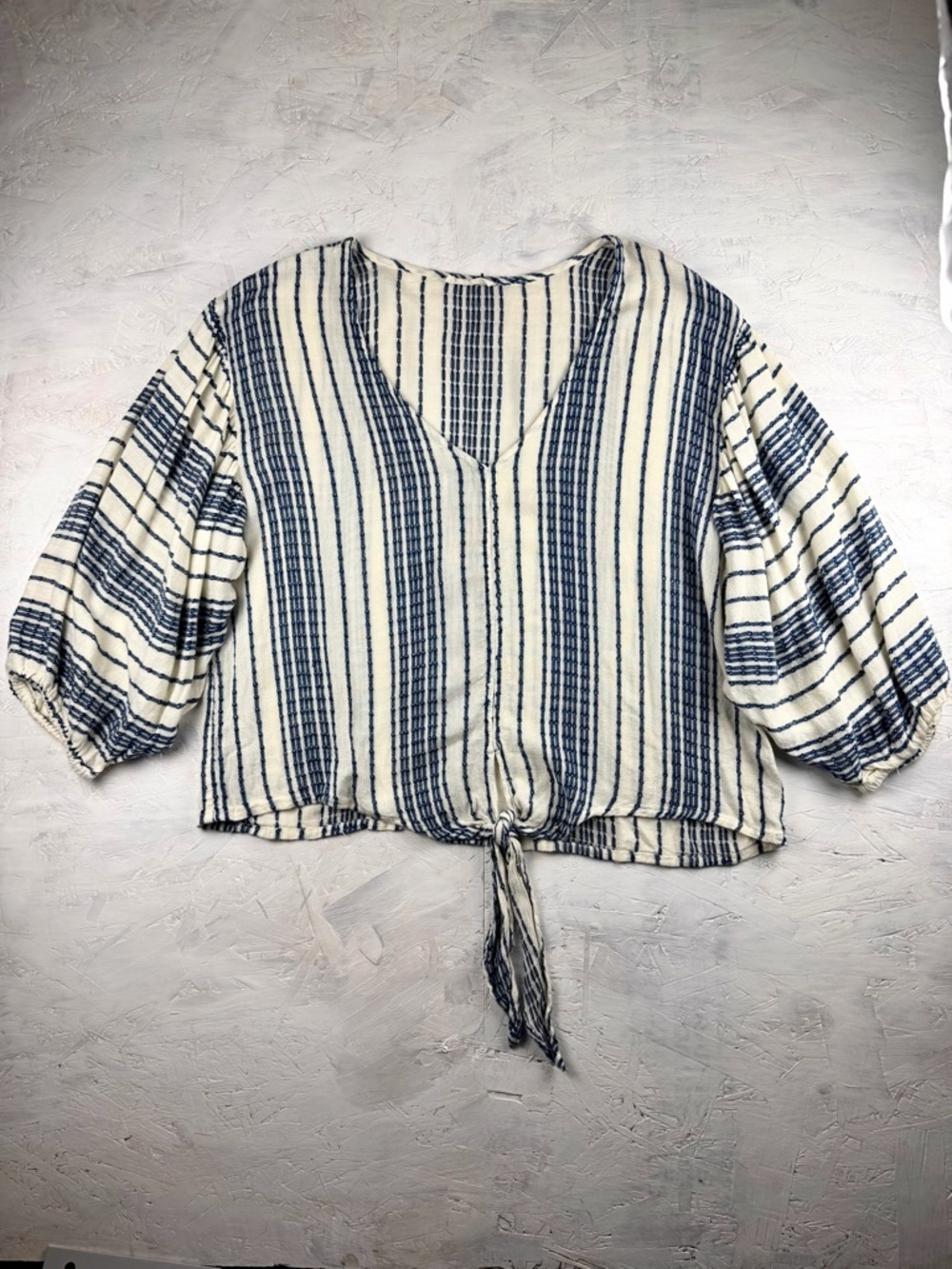 lovestitch Cream and Navy Striped Tie-Front V-Neck‎ Blouse